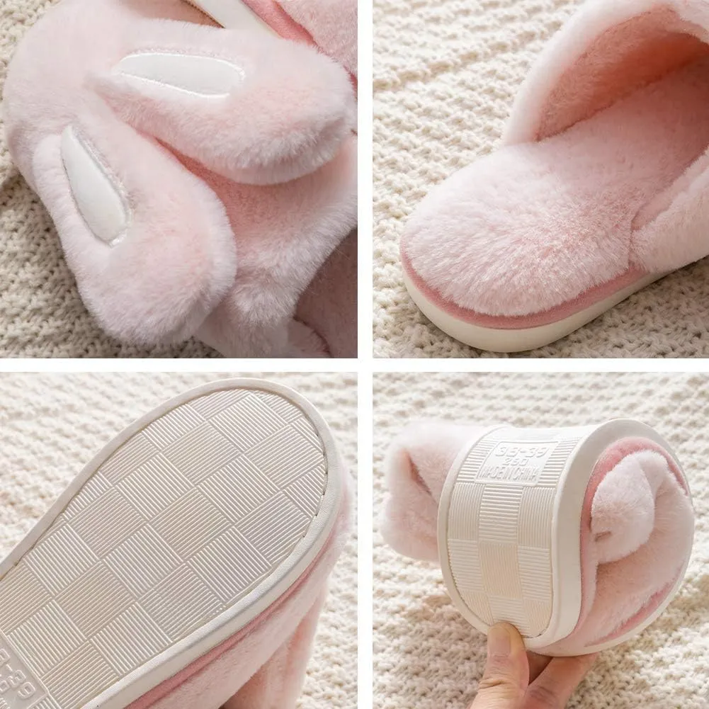 Women Cute Rabbit Ear Plush Slippers House Non-Slip Fluffy Bunny Slipper Indoor Warm Plush Animal Shoes