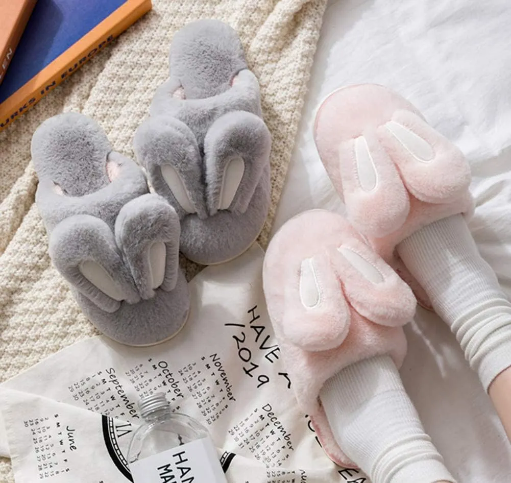 Women Cute Rabbit Ear Plush Slippers House Non-Slip Fluffy Bunny Slipper Indoor Warm Plush Animal Shoes