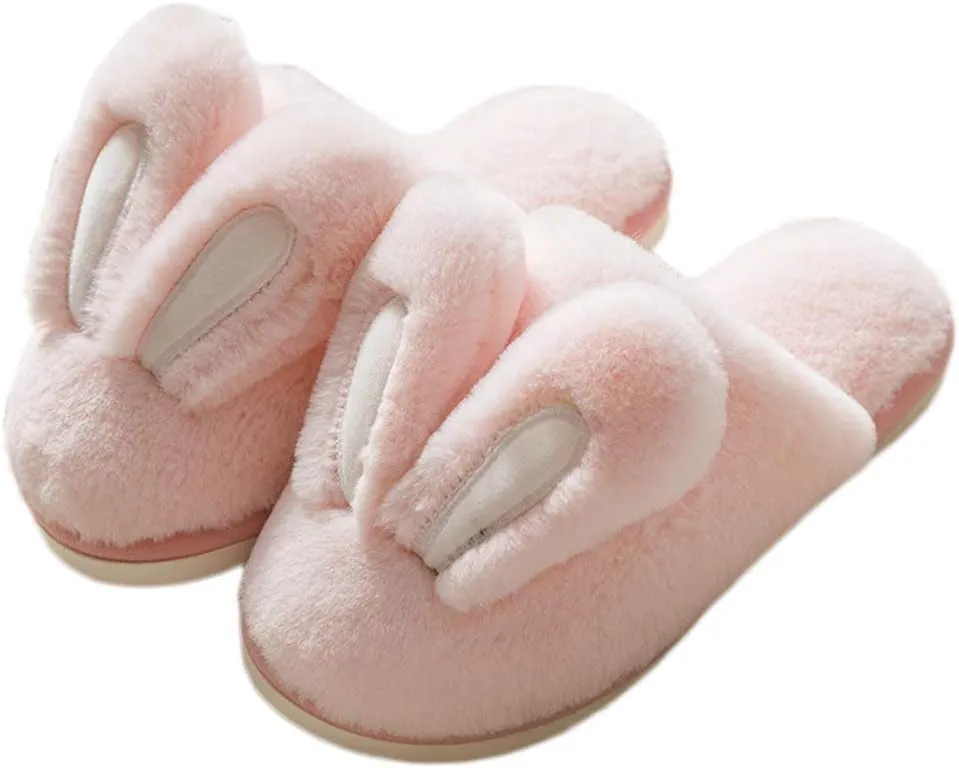 Women Cute Rabbit Ear Plush Slippers House Non-Slip Fluffy Bunny Slipper Indoor Warm Plush Animal Shoes