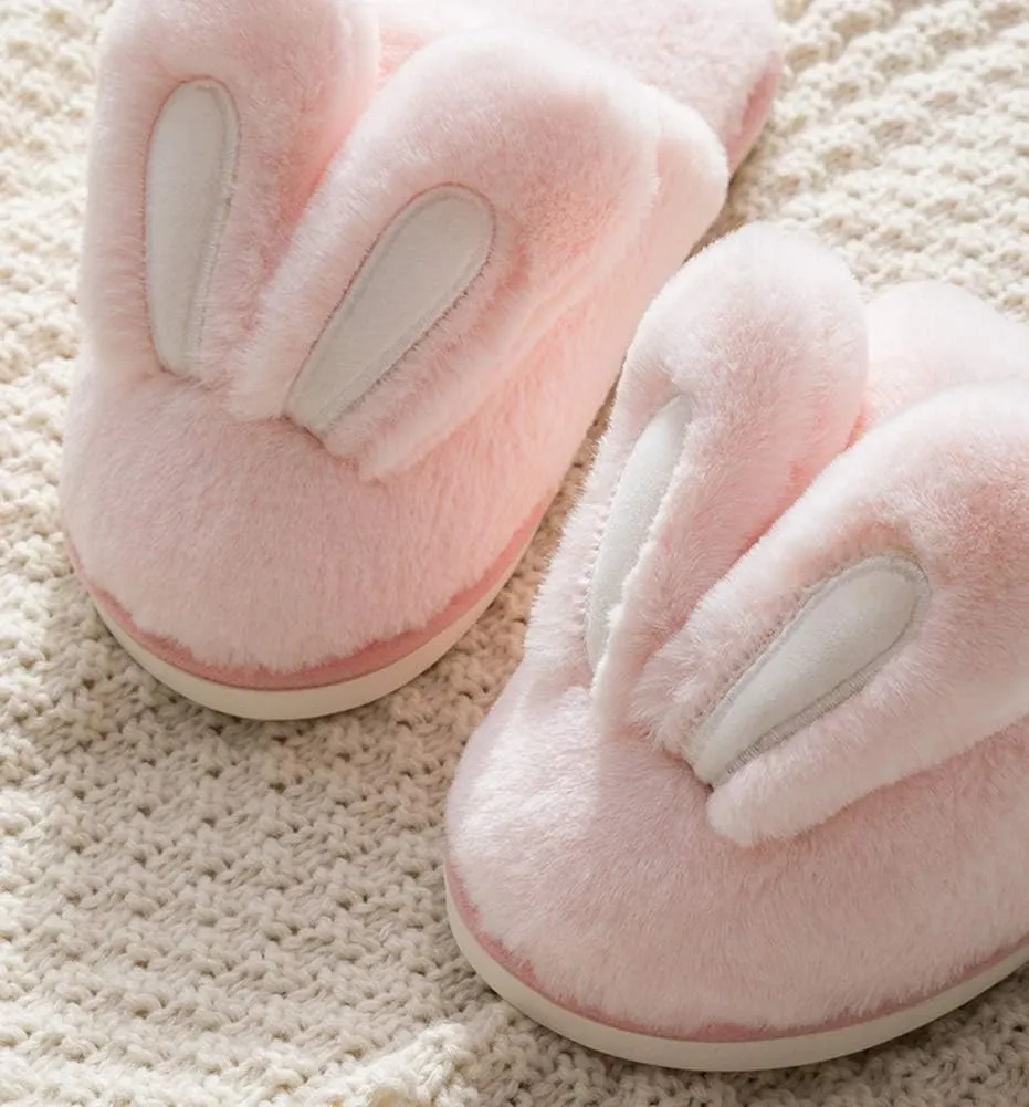 Women Cute Rabbit Ear Plush Slippers House Non-Slip Fluffy Bunny Slipper Indoor Warm Plush Animal Shoes