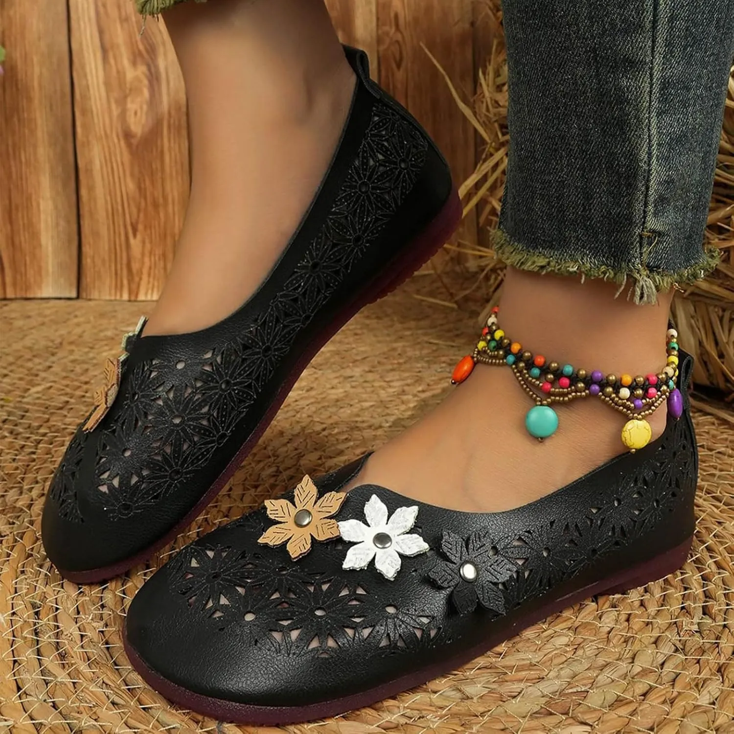 Women Ethnic Style Loafer Shoes Slip On Soft Walking Flat Shoe Summer Casual Hollow Sandals Breathable Shallow Flats