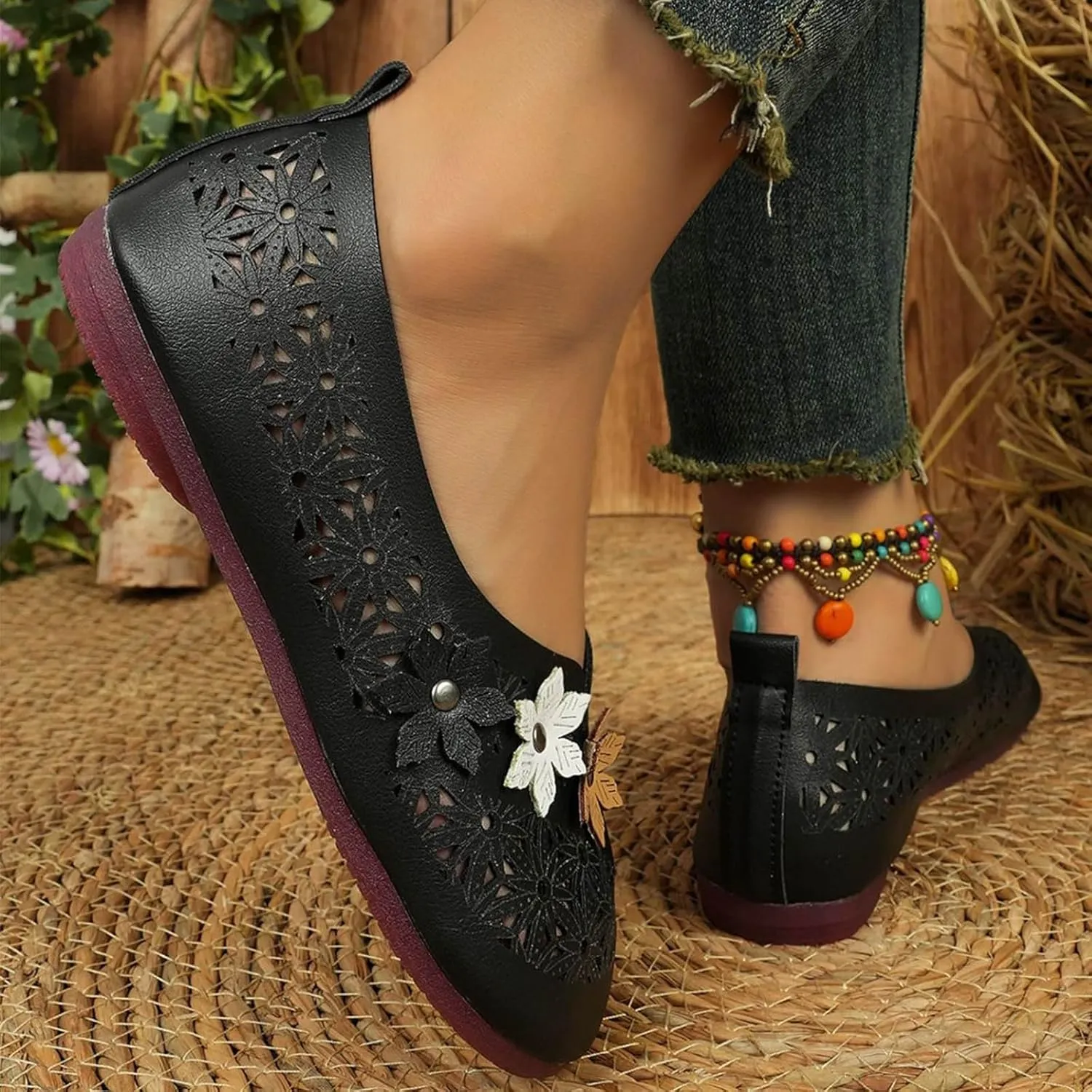 Women Ethnic Style Loafer Shoes Slip On Soft Walking Flat Shoe Summer Casual Hollow Sandals Breathable Shallow Flats