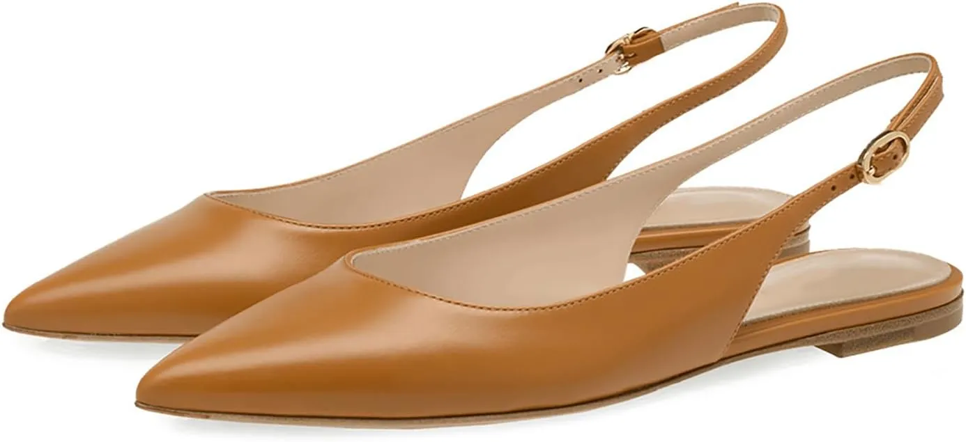 Women Leather Closed Pointed Toe Flat Sandals With Adjust Ankle Strap Elegant Slip On Comfortable Slingback Low Heel Soft Sole Dress Ballerina Flats For Work Office Causal Walk