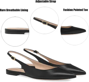 Women Leather Closed Pointed Toe Flat Sandals With Adjust Ankle Strap Elegant Slip On Comfortable Slingback Low Heel Soft Sole Dress Ballerina Flats For Work Office Causal Walk