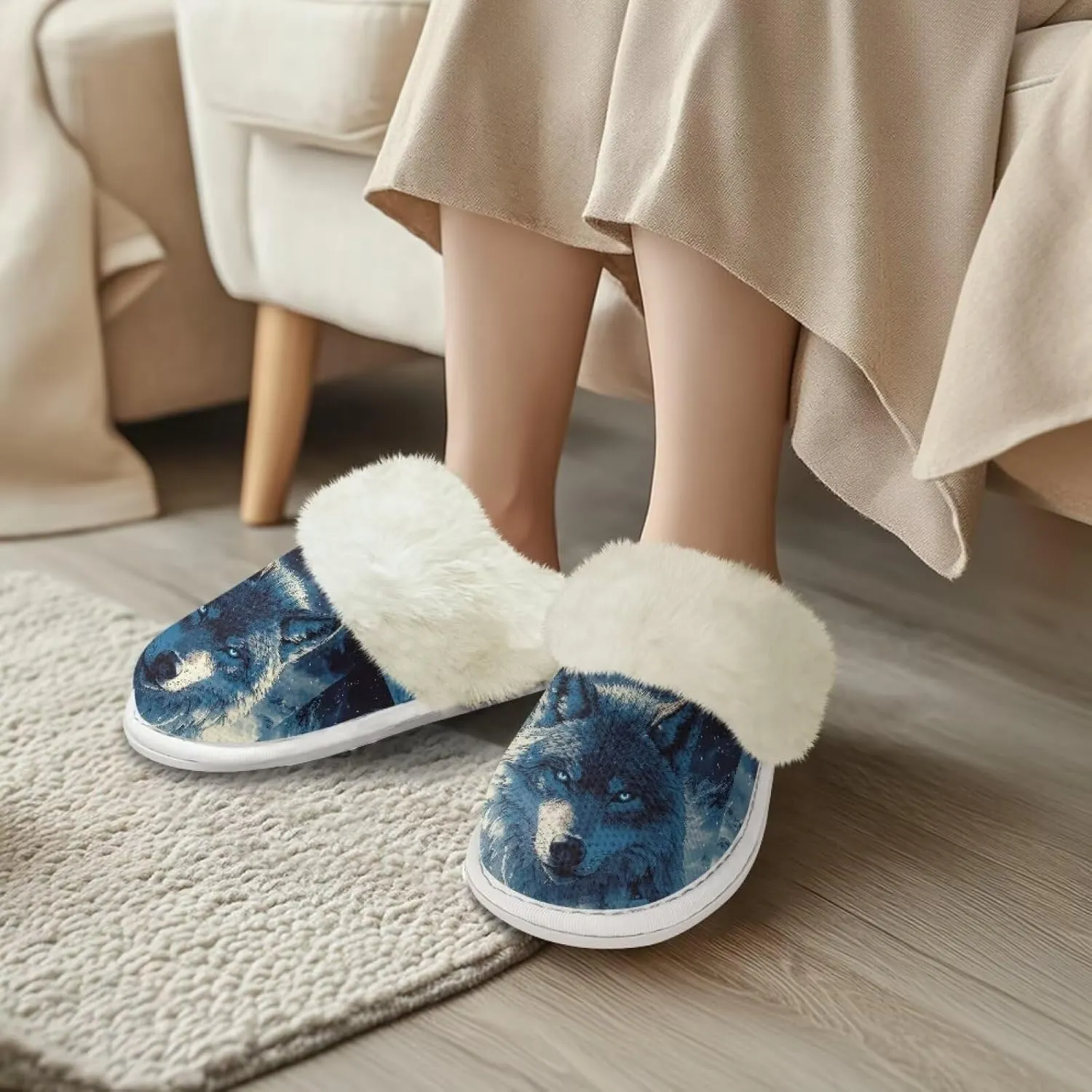 Women Novelty Print Fuzzy Slippers Winter Casual Slip-on Indoor Shoes Warm Cozy House Slipper Bedroom Slippers