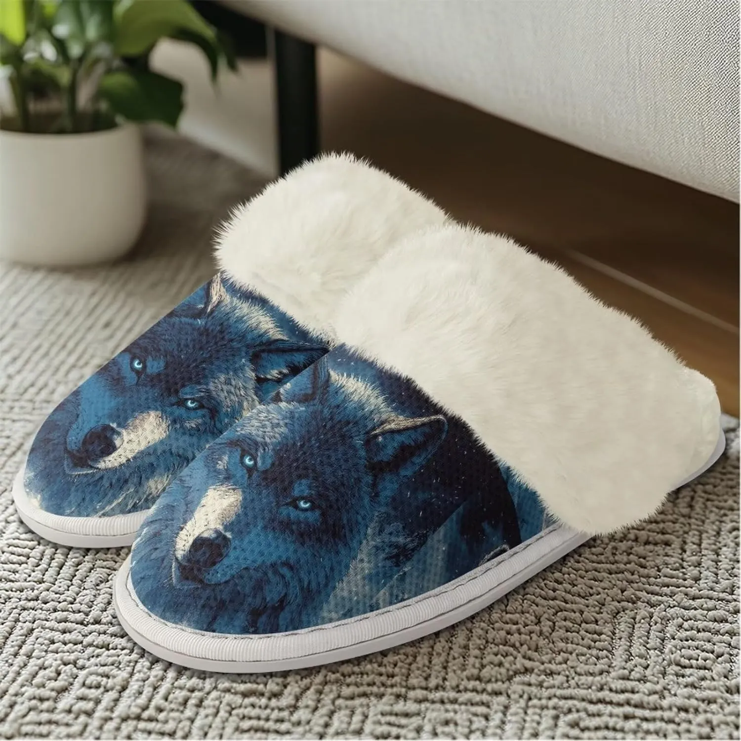 Women Novelty Print Fuzzy Slippers Winter Casual Slip-on Indoor Shoes Warm Cozy House Slipper Bedroom Slippers