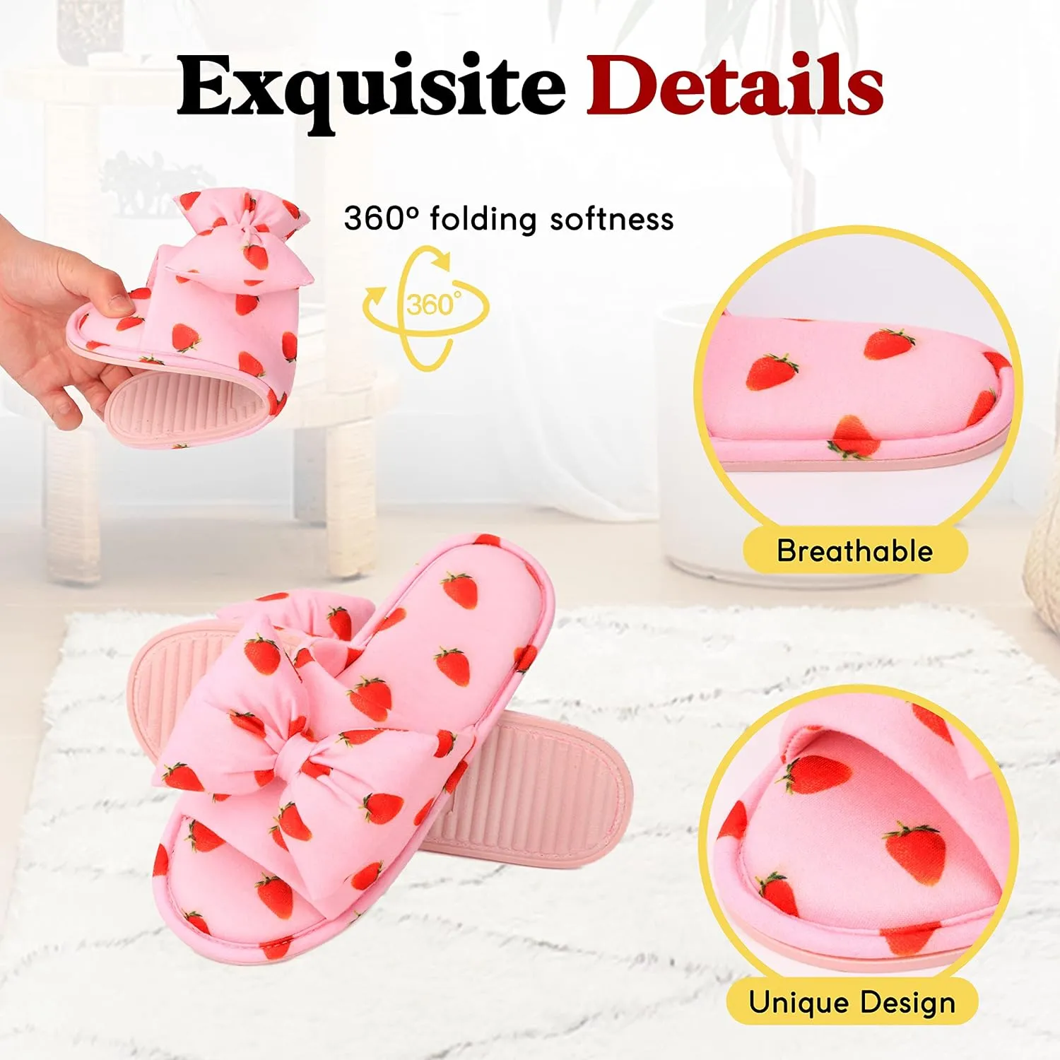 Women Summer Strawberry Slippers Open Toe Slippers Soft Memory Foam Anti-slip Bow Shoes Indoor Outdoor Christmas Gifts