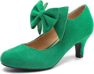 Women's Bow Low Kitten Heels Mary Jane Pumps Round Toe Ankle Strap Comfortable Party Dressy Shoes