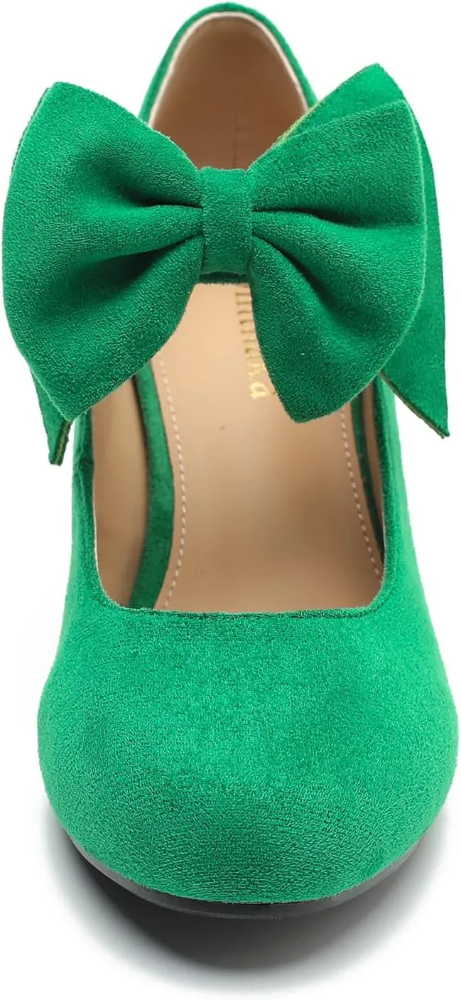 Women's Bow Low Kitten Heels Mary Jane Pumps Round Toe Ankle Strap Comfortable Party Dressy Shoes