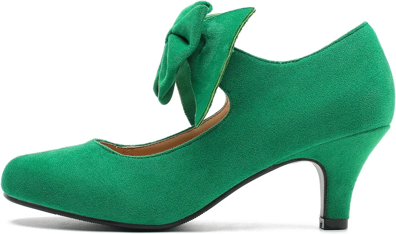Women's Bow Low Kitten Heels Mary Jane Pumps Round Toe Ankle Strap Comfortable Party Dressy Shoes