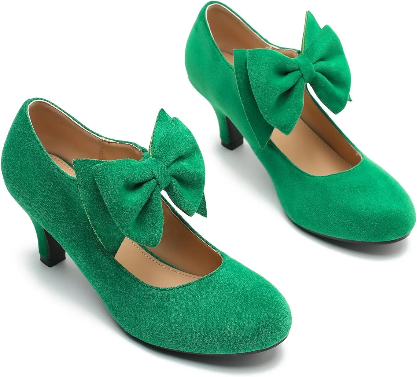 Women's Bow Low Kitten Heels Mary Jane Pumps Round Toe Ankle Strap Comfortable Party Dressy Shoes