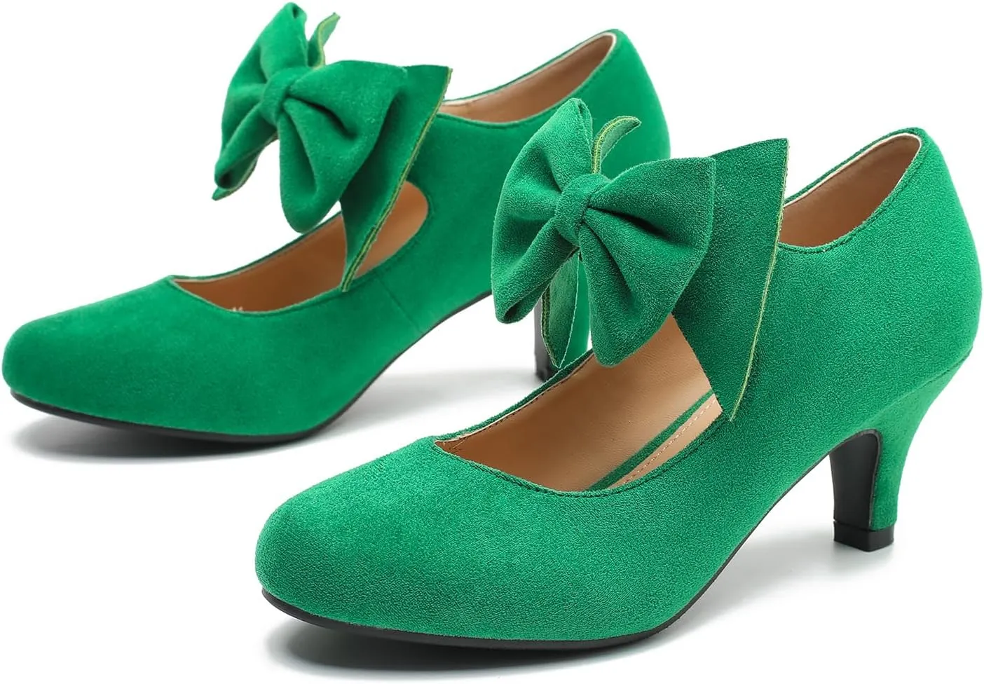 Women's Bow Low Kitten Heels Mary Jane Pumps Round Toe Ankle Strap Comfortable Party Dressy Shoes