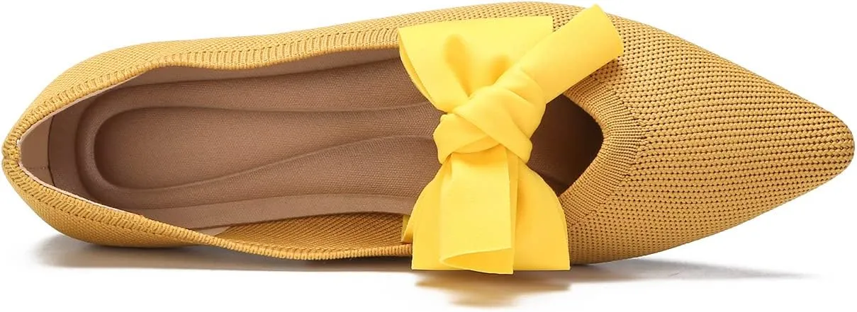 Women's Breathable Mesh Knit Ballet Flats Bow Pointed Toe Comfortable Slip On Shoes