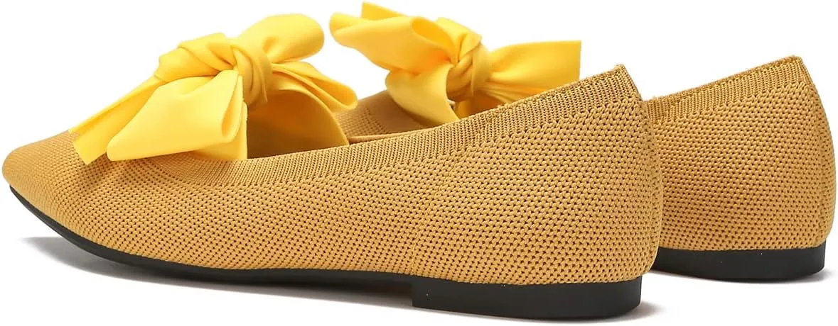 Women's Breathable Mesh Knit Ballet Flats Bow Pointed Toe Comfortable Slip On Shoes