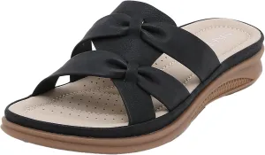 Women's Casual PU Leather Wedge Slides - Bow Decor Slip-On Sandals with Round Open Toe | Lightweight Anti-Slip Breathable for Beach Walking & Party