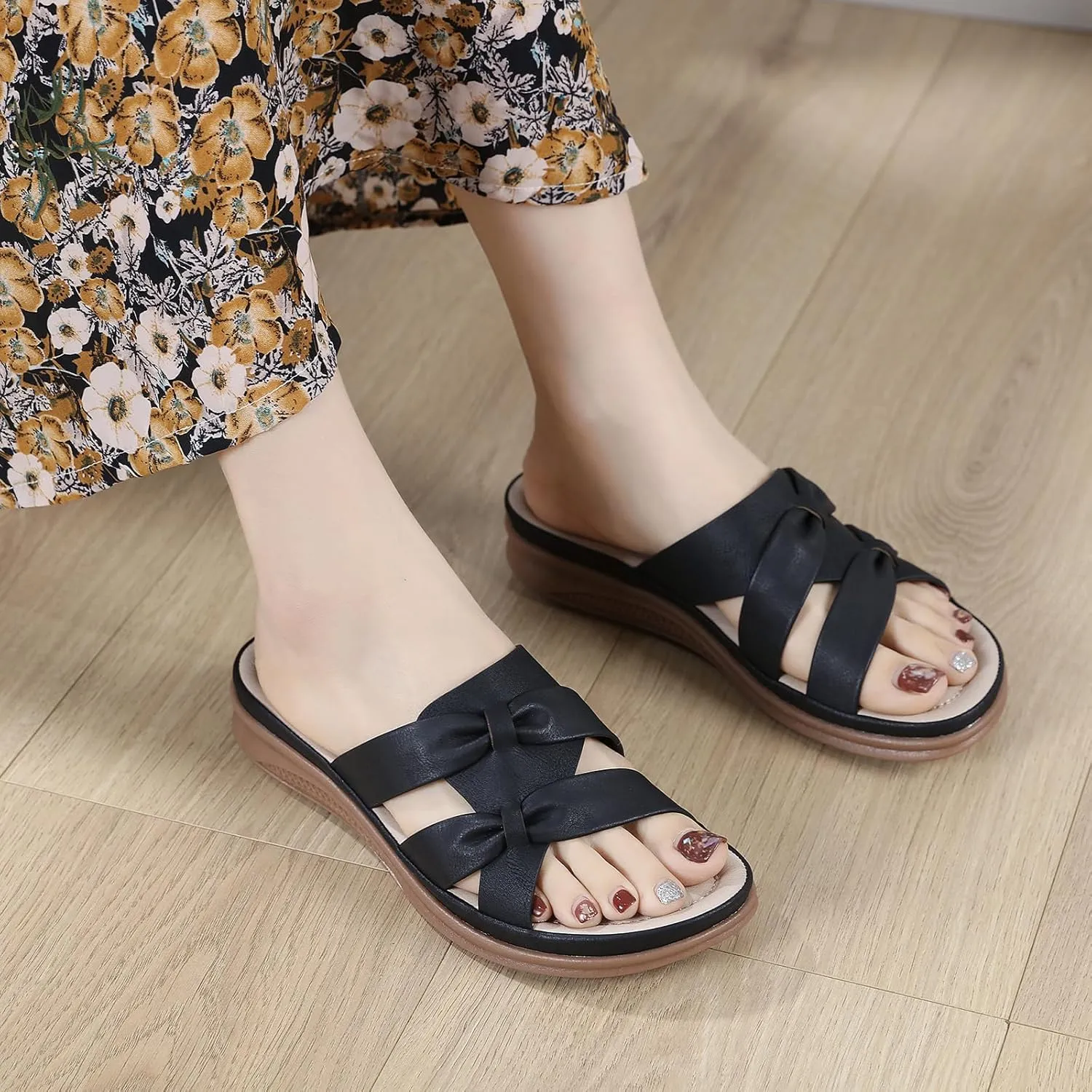 Women's Casual PU Leather Wedge Slides - Bow Decor Slip-On Sandals with Round Open Toe | Lightweight Anti-Slip Breathable for Beach Walking & Party