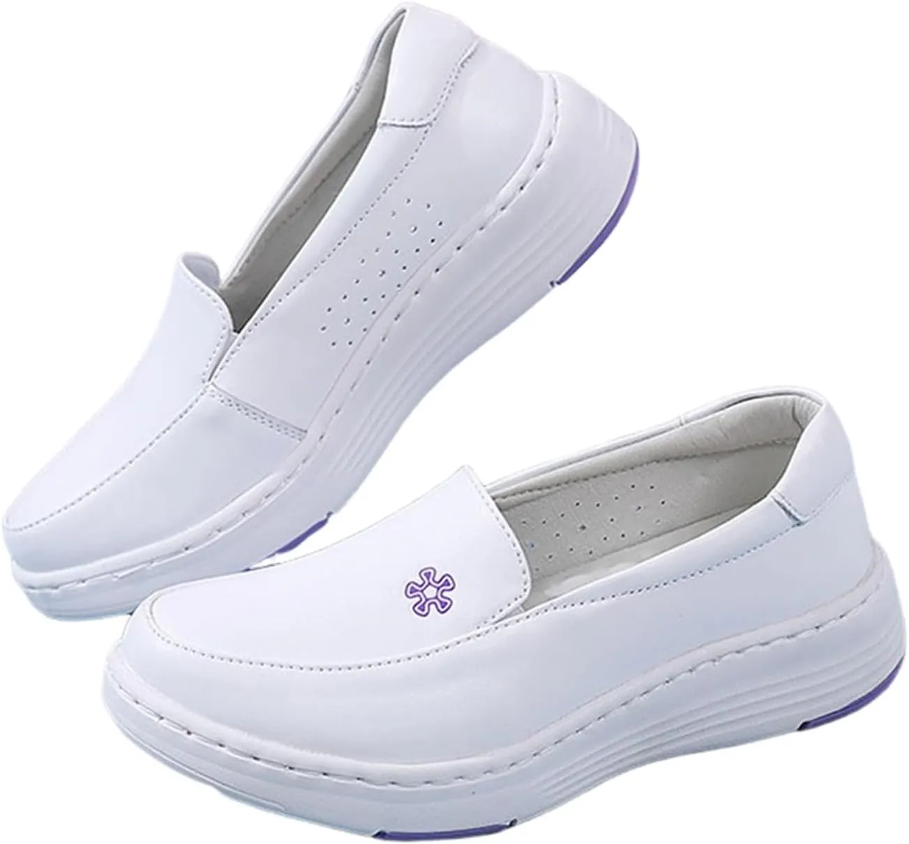 Womens Comfy Non-Slip White Nursing Shoes, Women Summer Breathable Slip-On Leather Nursing Work Shoes, Wedge Platform Orthopedic Nursing Shoes, for Medical Care