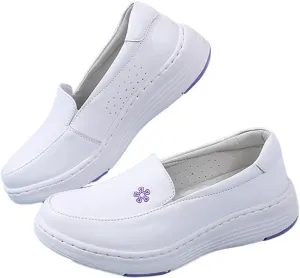 Womens Comfy Non-Slip White Nursing Shoes, Women Summer Breathable Slip-On Leather Nursing Work Shoes, Wedge Platform Orthopedic Nursing Shoes, for Medical Care