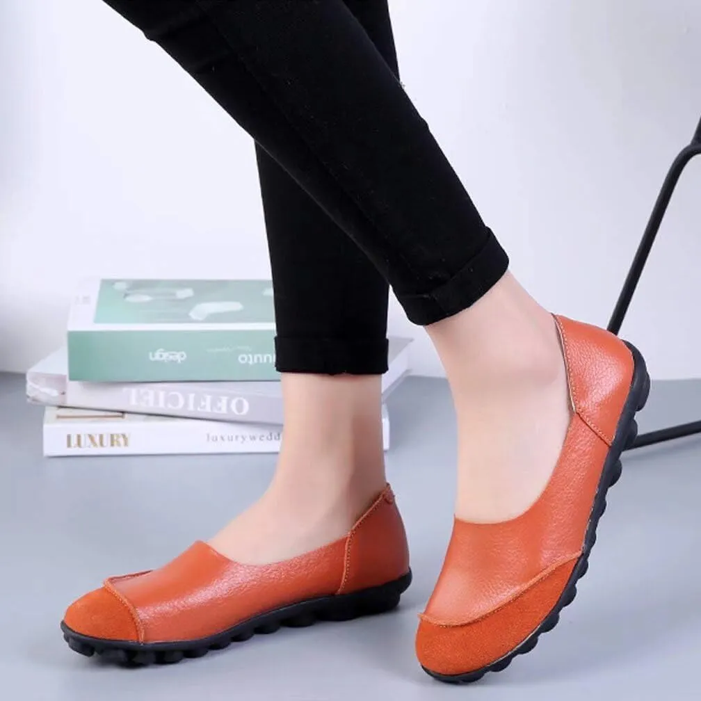 Women's Cowhide Leather Slip-On Moccasins Shoes Flat Slipper Loafers