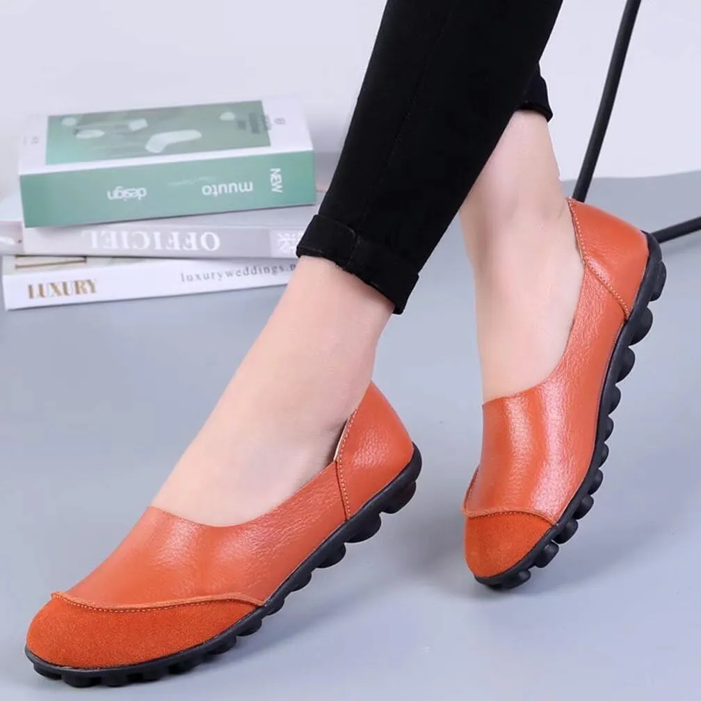 Women's Cowhide Leather Slip-On Moccasins Shoes Flat Slipper Loafers