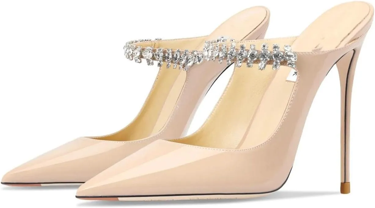 Women's Crystal Slipper Heels, Leather Pointed Toe Evening Pumps