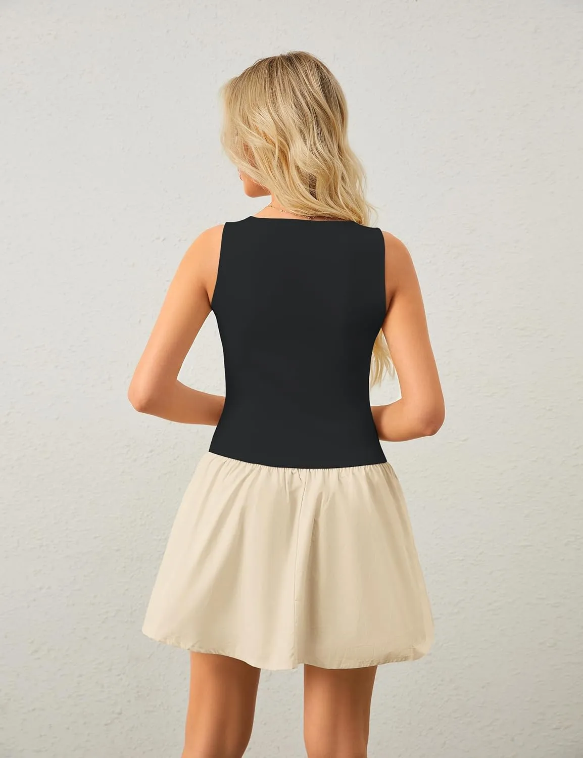 Women's Flowy Mini Tank Dress Sleeveless Boat Neck Solid Slim Fit Puffy Beach Short Summer Dresses