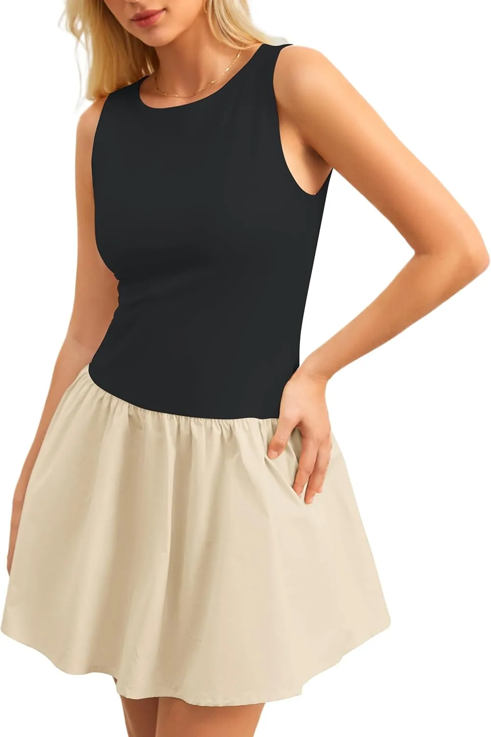 Women's Flowy Mini Tank Dress Sleeveless Boat Neck Solid Slim Fit Puffy Beach Short Summer Dresses
