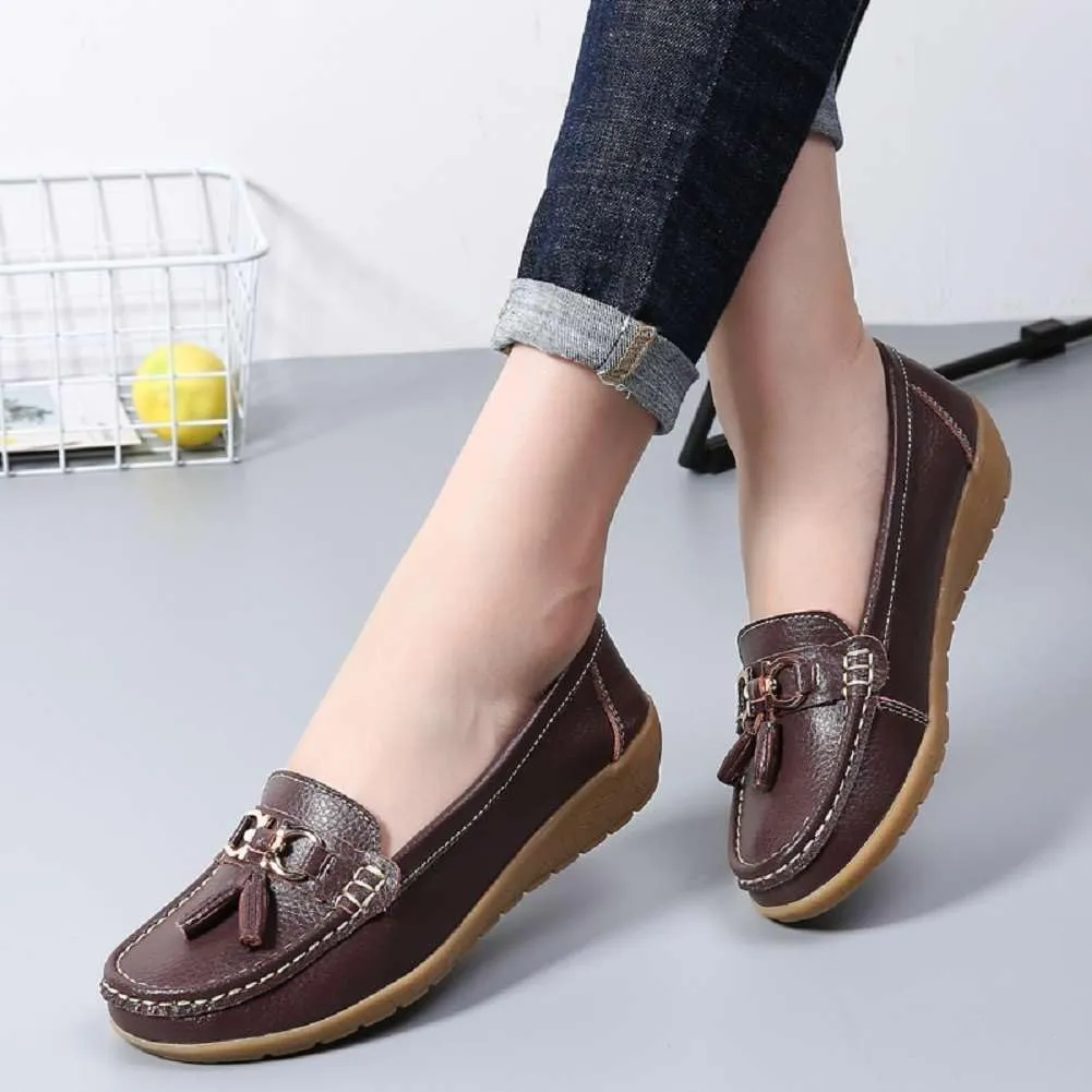 Women's Genuine Leather Platform Loafers Classic Casual Comfort Slip-On Shoes Soft Sole Dress Shoes
