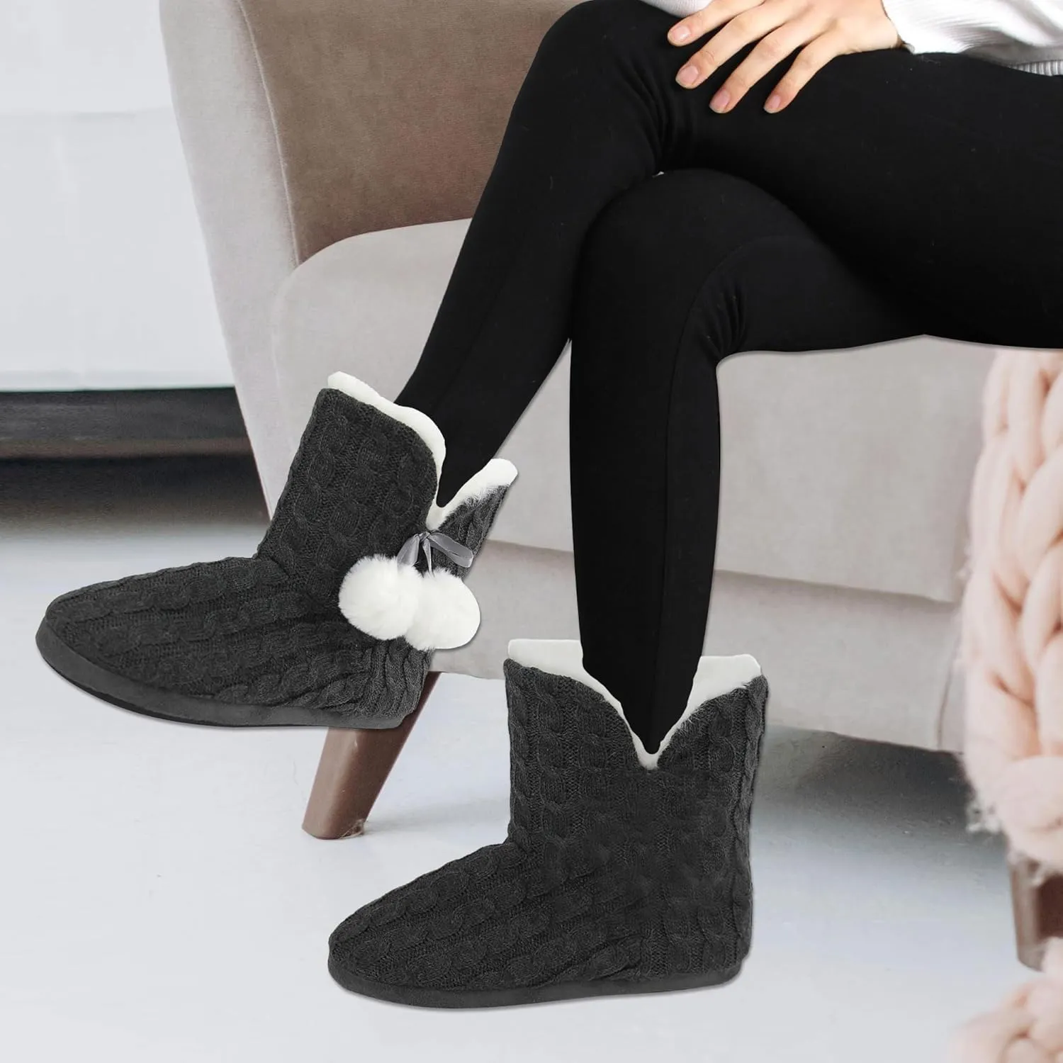 Women's Knit Slippers Indoor Warm Fluffy Home Bootie Slippers Anti-Slip House Shoes with Cute Pom Poms Soft Cozy Ankle Boots for Women