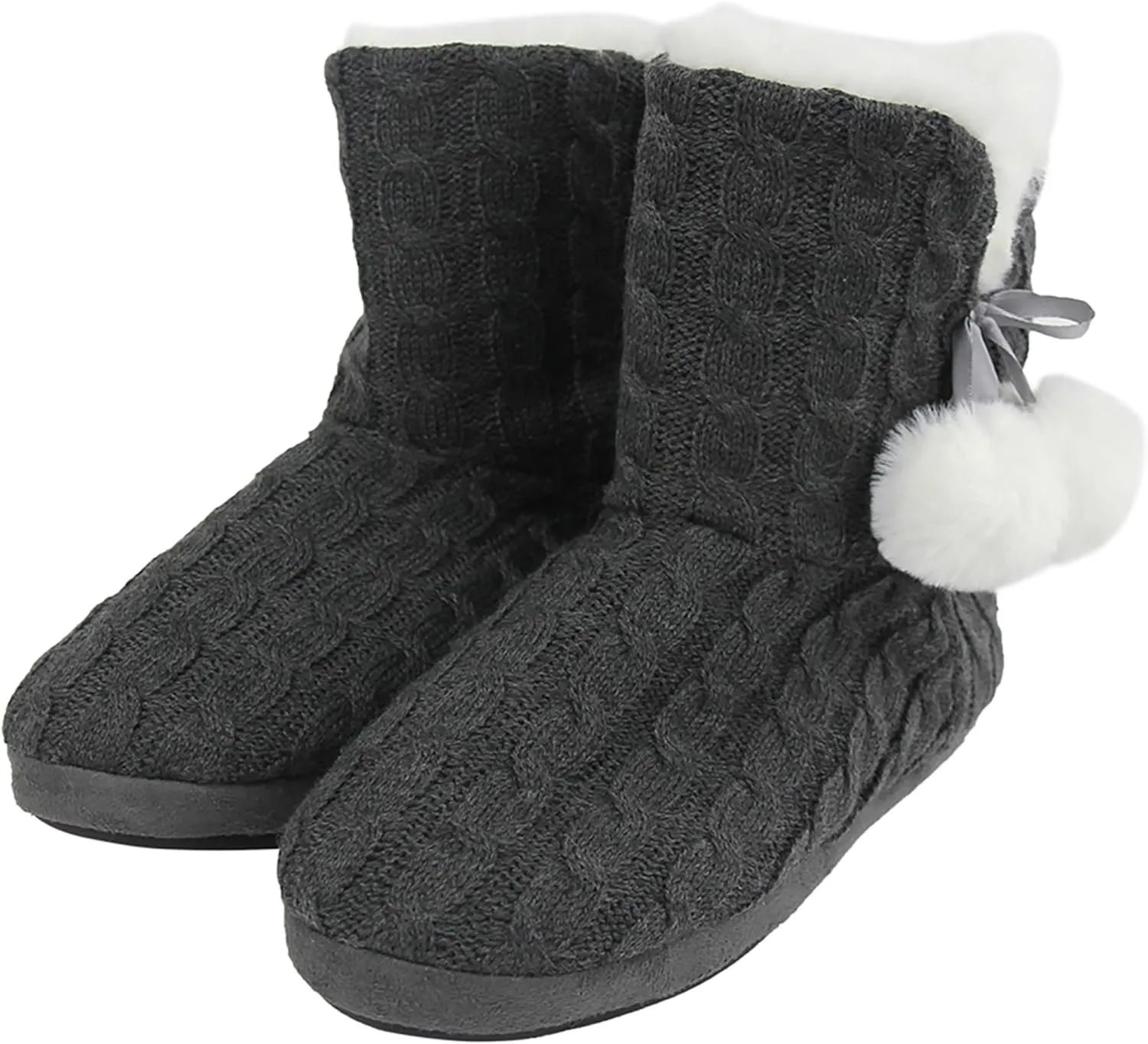 Women's Knit Slippers Indoor Warm Fluffy Home Bootie Slippers Anti-Slip House Shoes with Cute Pom Poms Soft Cozy Ankle Boots for Women