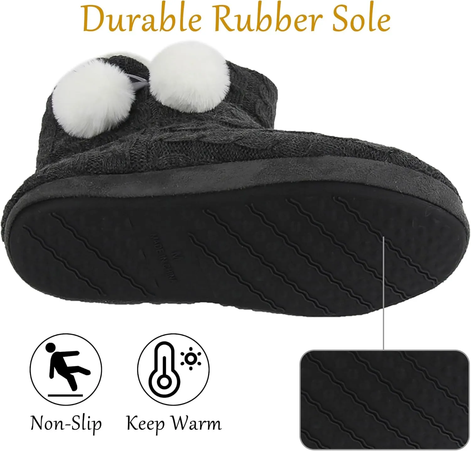 Women's Knit Slippers Indoor Warm Fluffy Home Bootie Slippers Anti-Slip House Shoes with Cute Pom Poms Soft Cozy Ankle Boots for Women