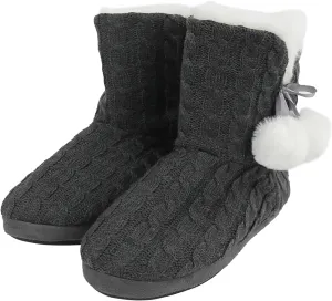 Women's Knit Slippers Indoor Warm Fluffy Home Bootie Slippers Anti-Slip House Shoes with Cute Pom Poms Soft Cozy Ankle Boots for Women