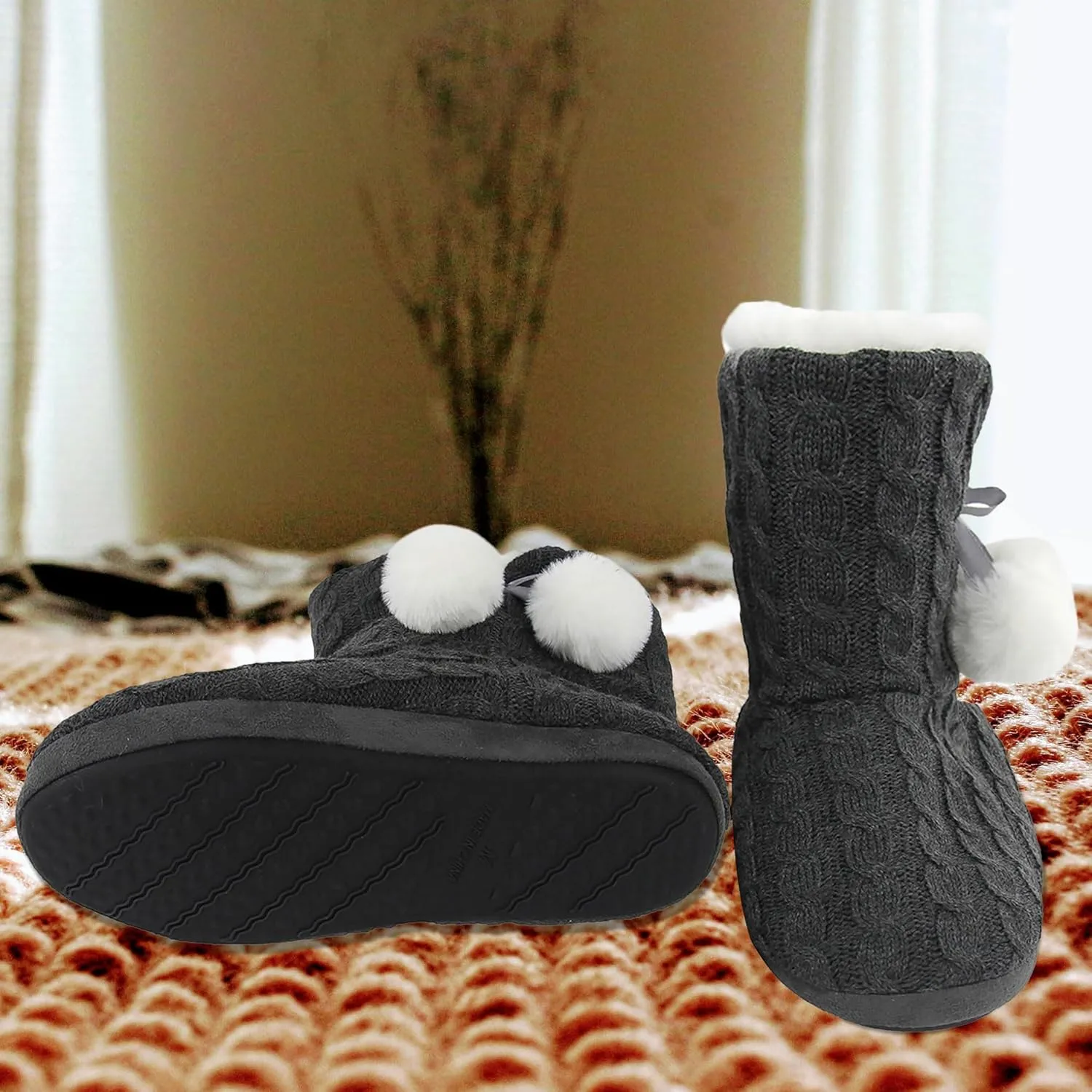 Women's Knit Slippers Indoor Warm Fluffy Home Bootie Slippers Anti-Slip House Shoes with Cute Pom Poms Soft Cozy Ankle Boots for Women