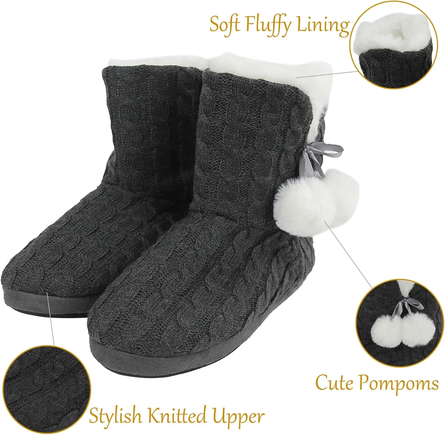 Women's Knit Slippers Indoor Warm Fluffy Home Bootie Slippers Anti-Slip House Shoes with Cute Pom Poms Soft Cozy Ankle Boots for Women