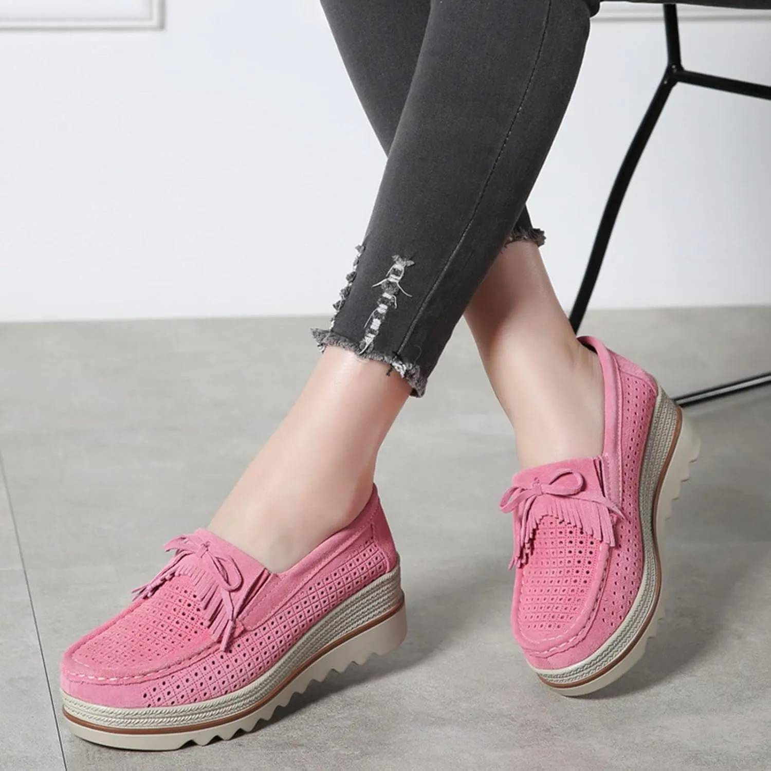 Women's Leather Platform Loafers Faux Suede Comfort Moccasins Comfortable Thick Soled Breathable Loafers