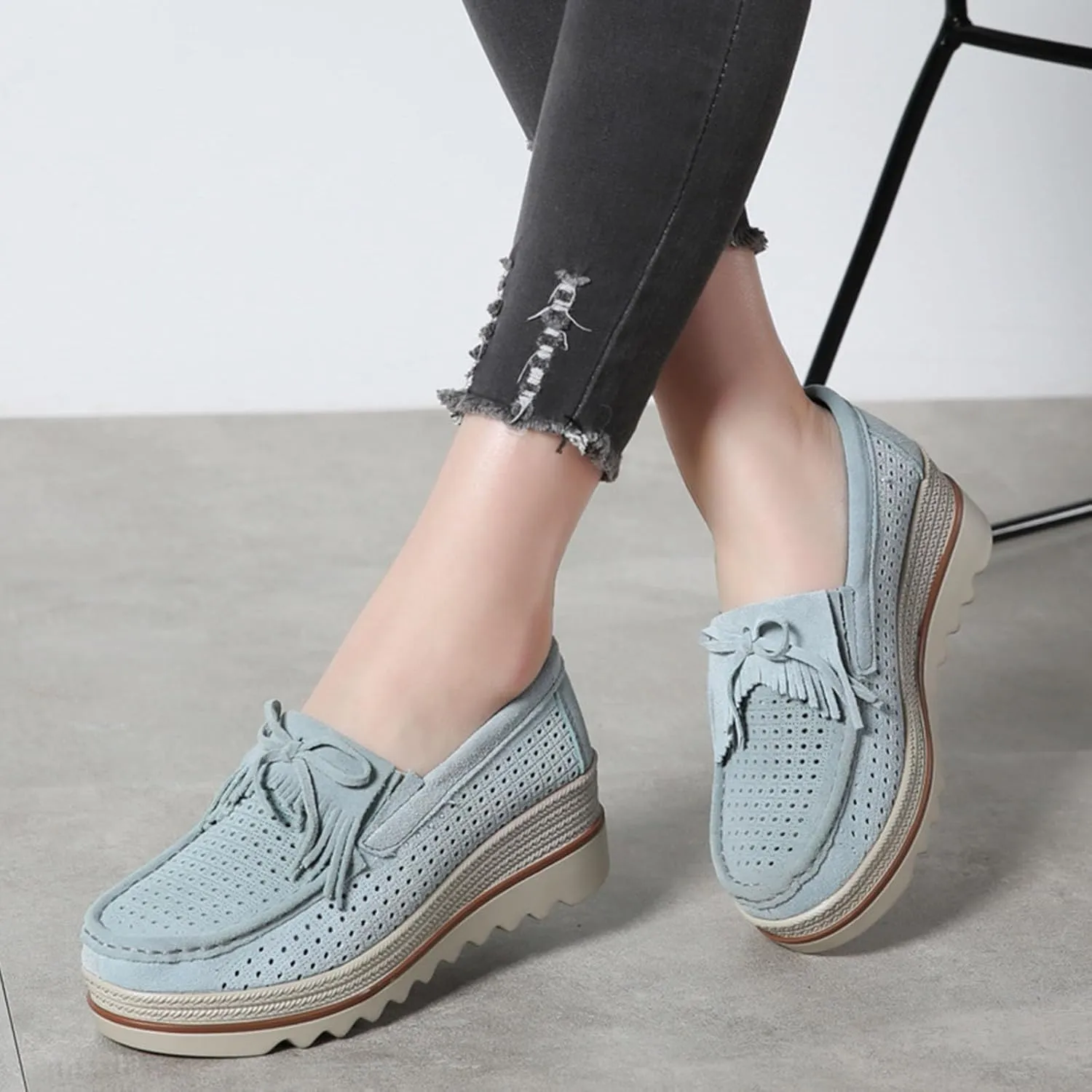 Women's Leather Platform Loafers Faux Suede Comfort Moccasins Comfortable Thick Soled Breathable Loafers
