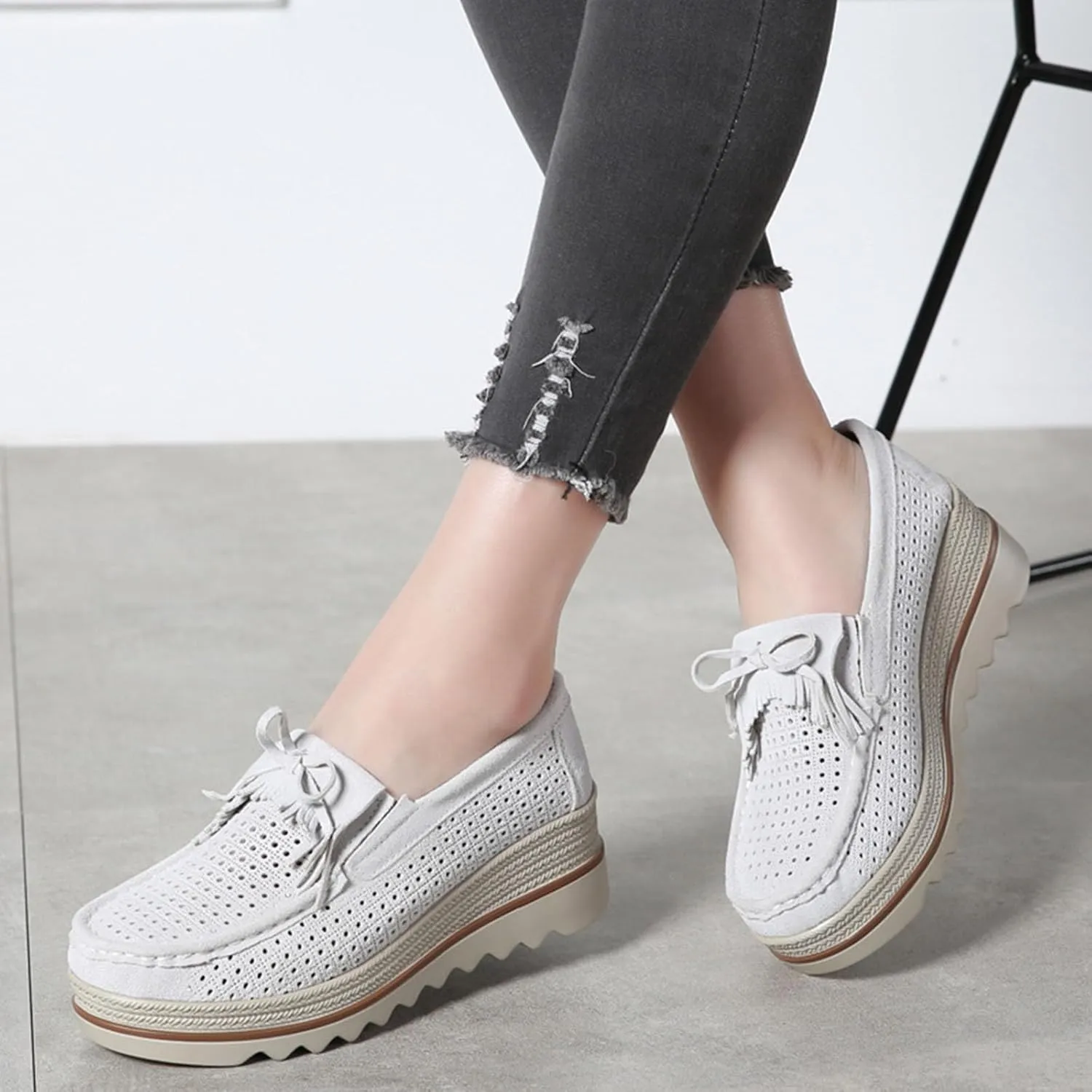 Women's Leather Platform Loafers Faux Suede Comfort Moccasins Comfortable Thick Soled Breathable Loafers