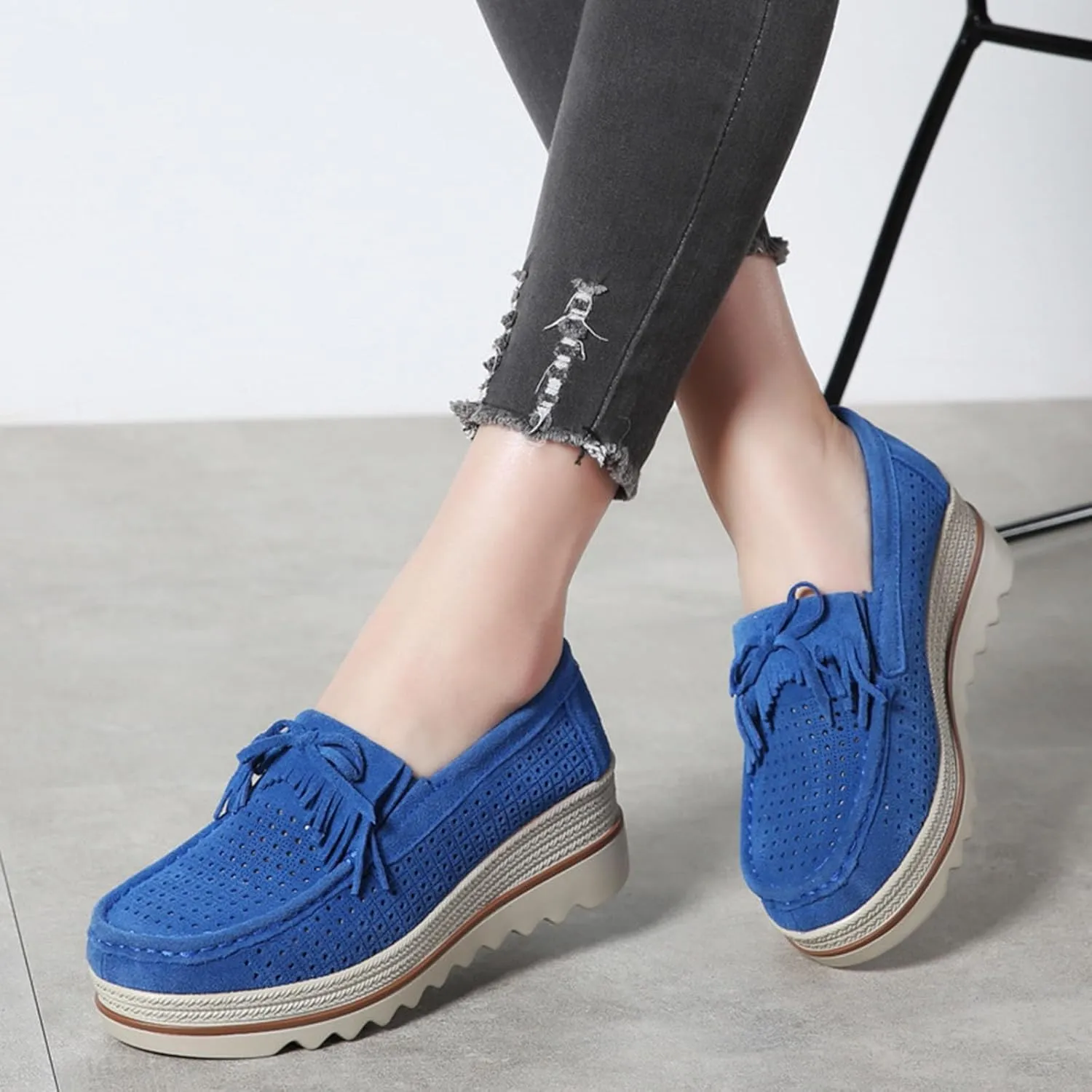 Women's Leather Platform Loafers Faux Suede Comfort Moccasins Comfortable Thick Soled Breathable Loafers