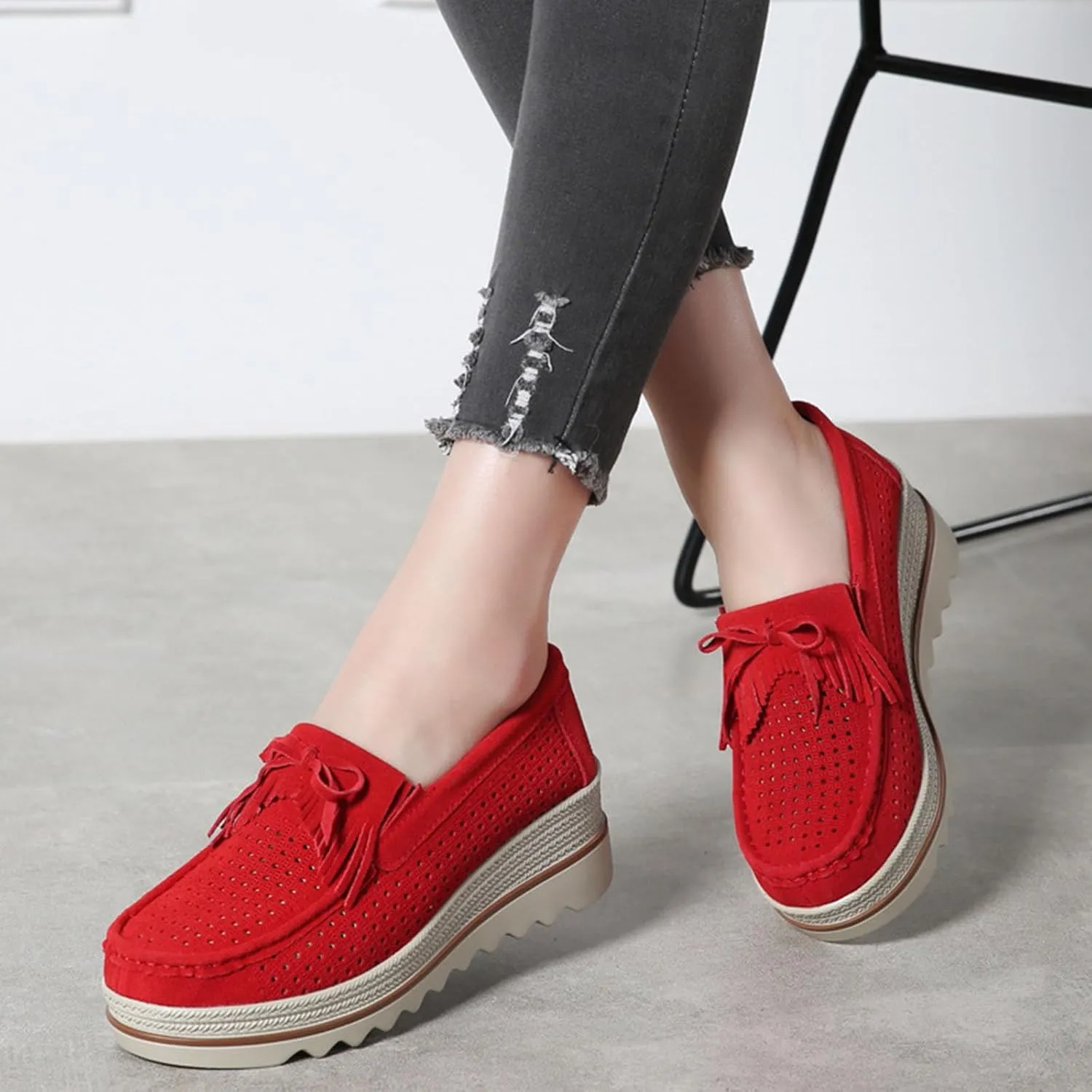 Women's Leather Platform Loafers Faux Suede Comfort Moccasins Comfortable Thick Soled Breathable Loafers