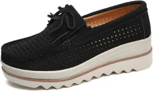 Women's Leather Platform Loafers Faux Suede Comfort Moccasins Comfortable Thick Soled Breathable Loafers