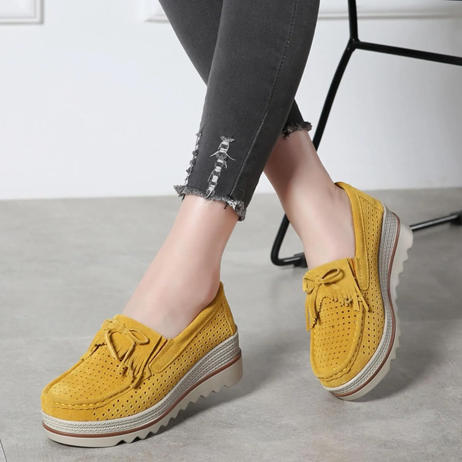 Women's Leather Platform Loafers Faux Suede Comfort Moccasins Comfortable Thick Soled Breathable Loafers