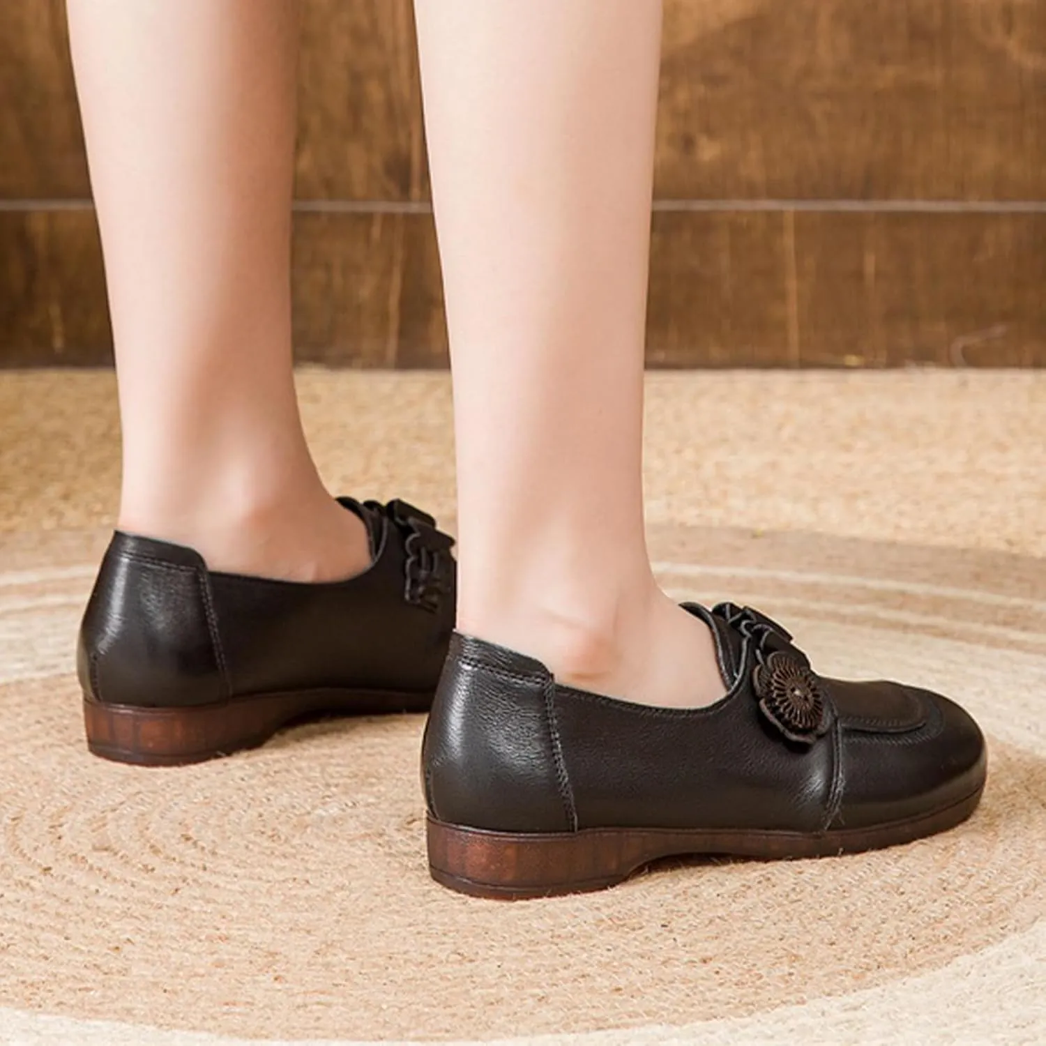 Women's Penny Slip On Dress Casual Leather Shoes,Vintage Comfort Round Toe Non-Slip Soft Sole Oxford Flat Loafers
