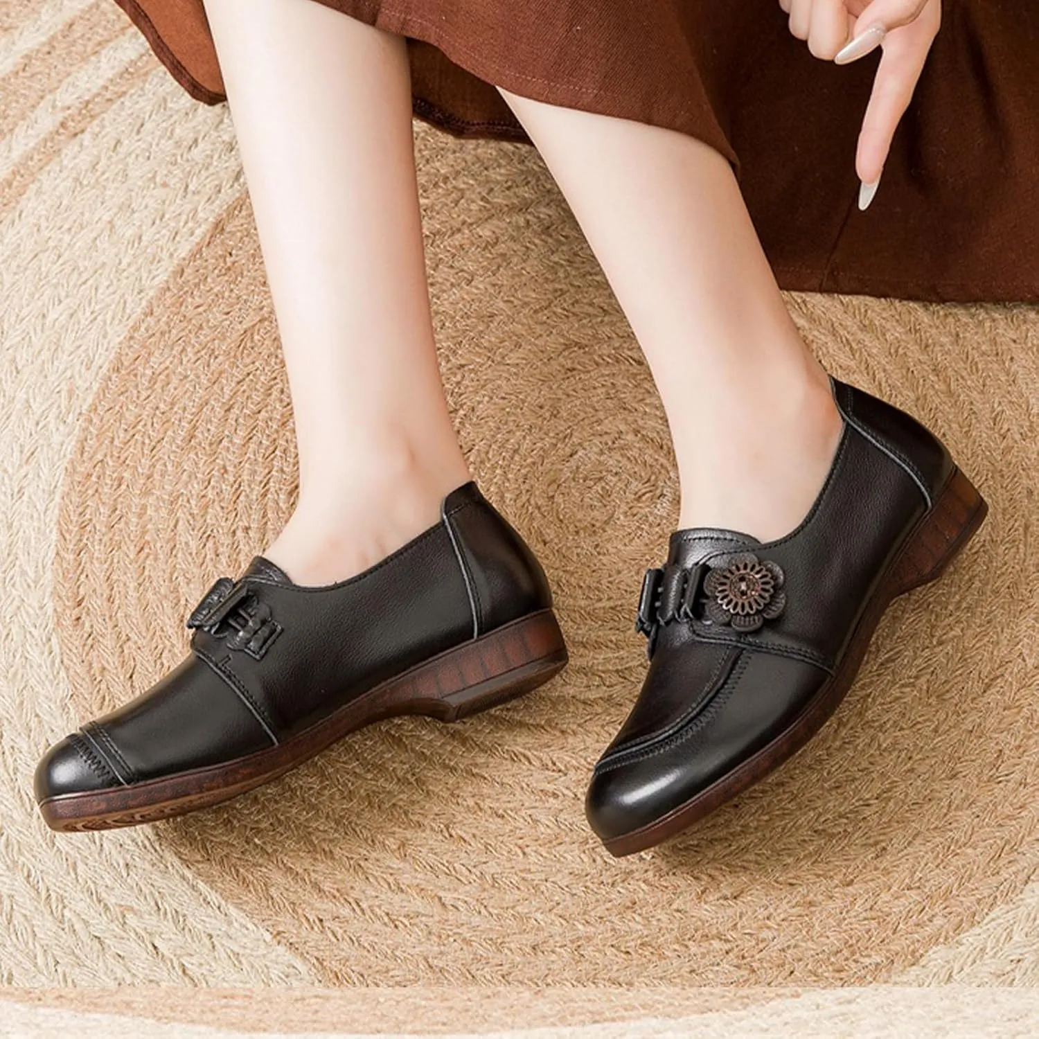 Women's Penny Slip On Dress Casual Leather Shoes,Vintage Comfort Round Toe Non-Slip Soft Sole Oxford Flat Loafers