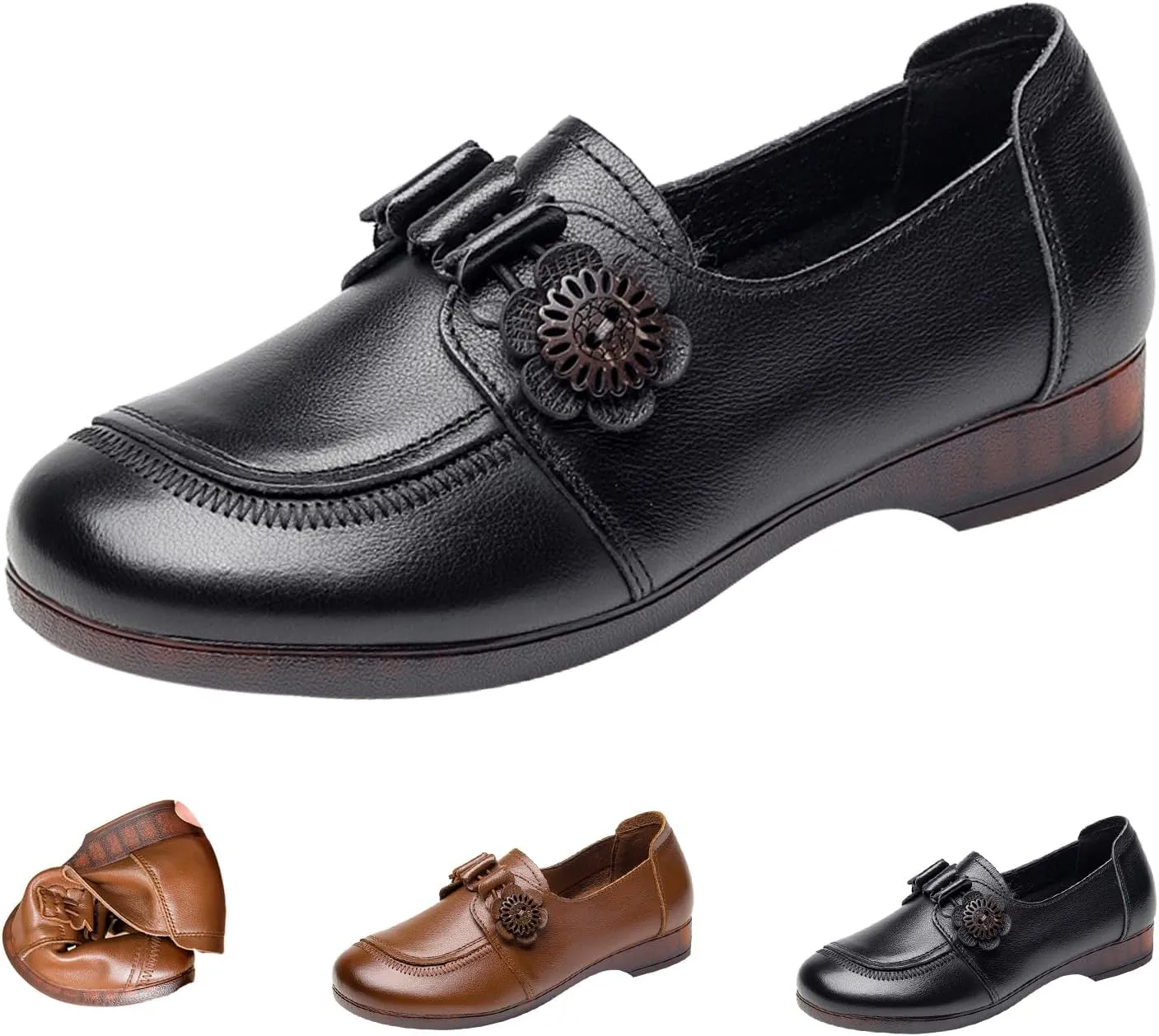 Women's Penny Slip On Dress Casual Leather Shoes,Vintage Comfort Round Toe Non-Slip Soft Sole Oxford Flat Loafers