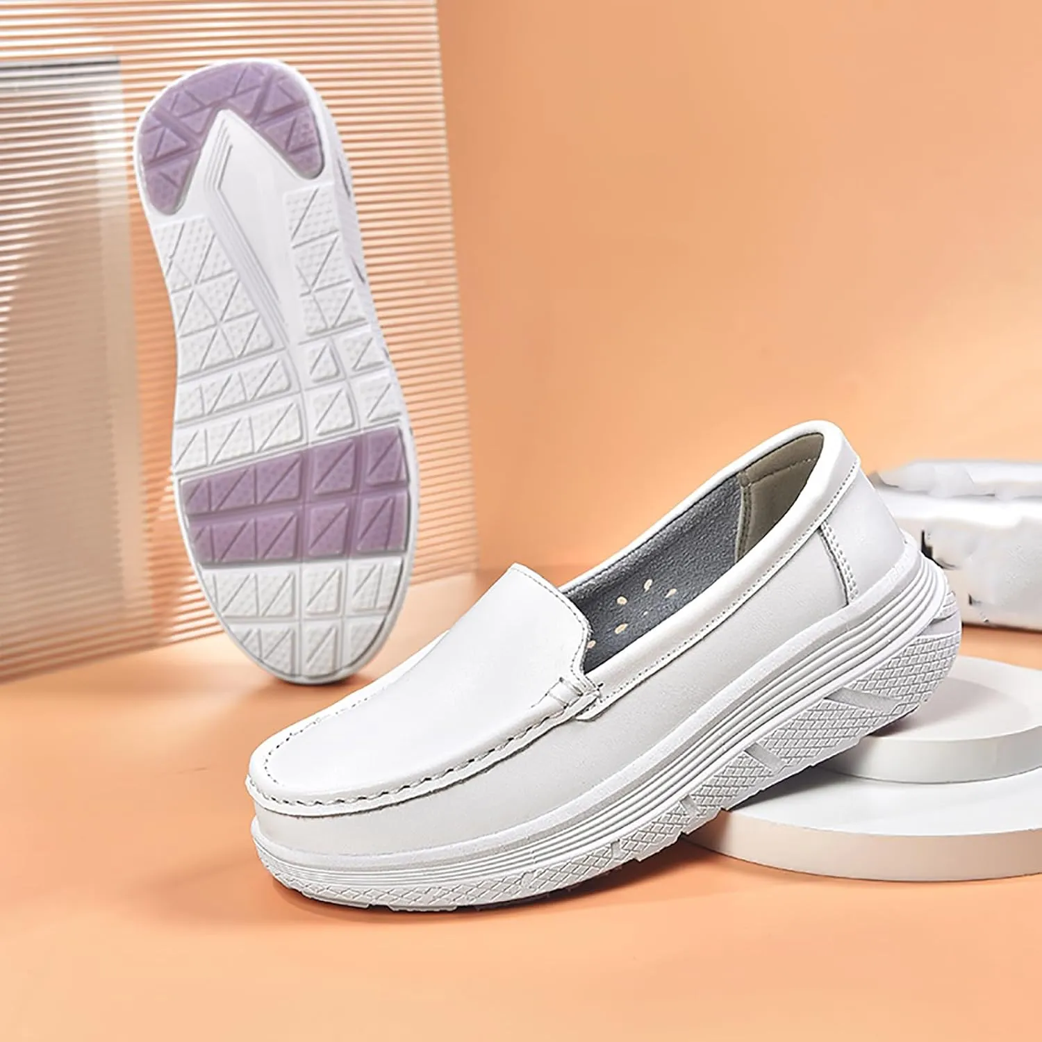 Women's Platform Orthopedic Nurse Working Shoes,Comfortable Breathable Slip On Anti-Slip Nursing Restaurant Work Leather Walking Loafers