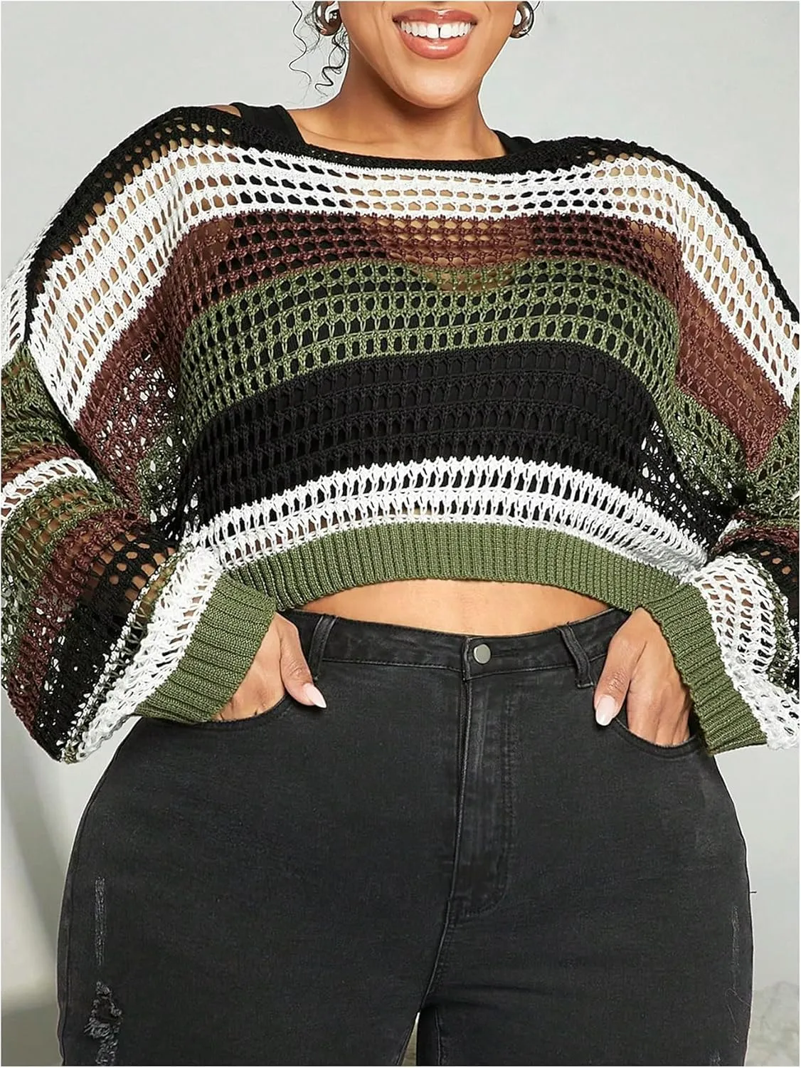Women's Plus Size Color Block Striped Hollow Out Crop Sweater Long Sleeve Knit Pullover Tops