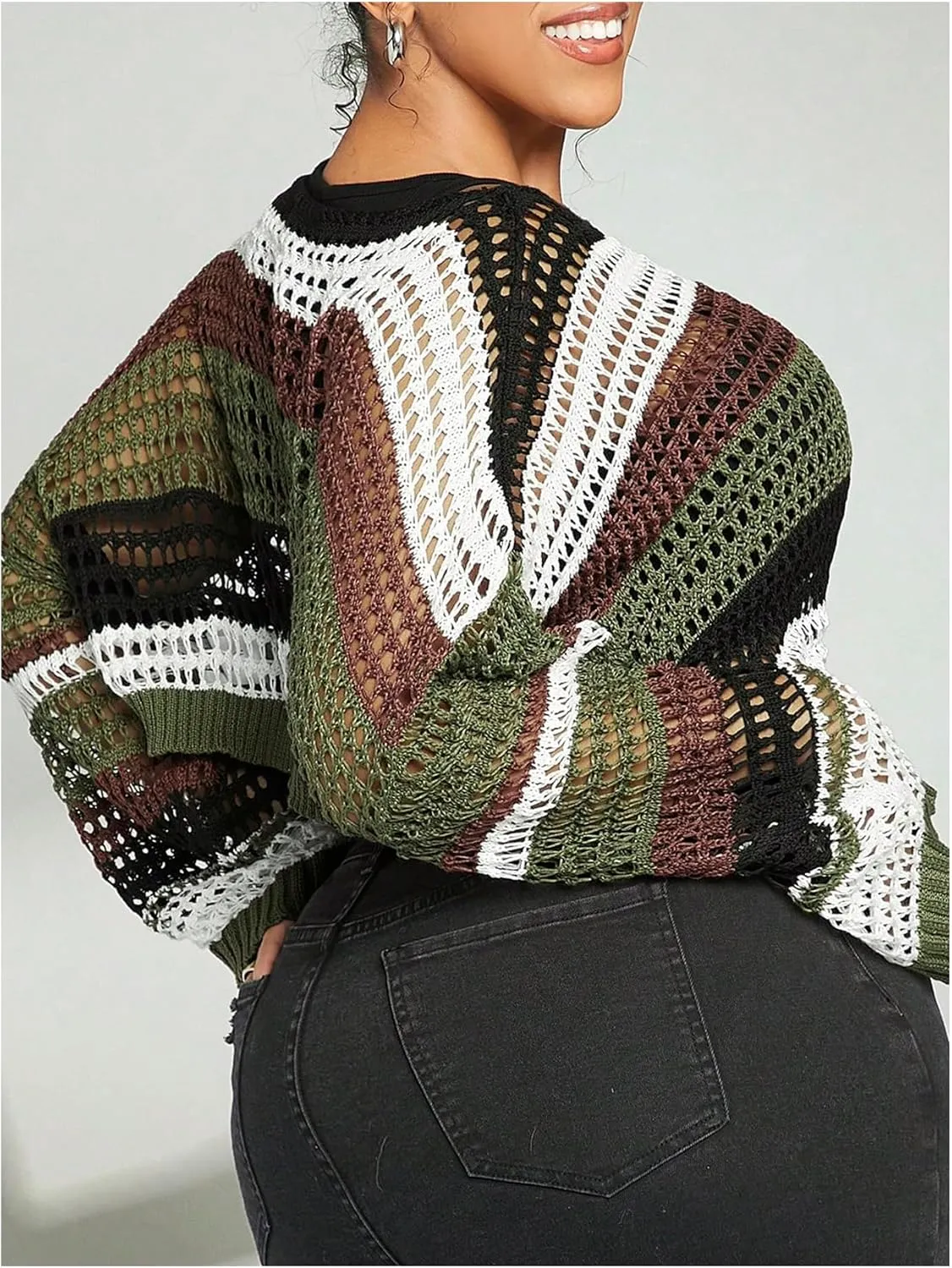 Women's Plus Size Color Block Striped Hollow Out Crop Sweater Long Sleeve Knit Pullover Tops