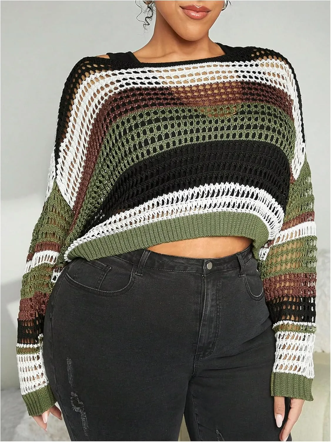 Women's Plus Size Color Block Striped Hollow Out Crop Sweater Long Sleeve Knit Pullover Tops