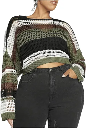Women's Plus Size Color Block Striped Hollow Out Crop Sweater Long Sleeve Knit Pullover Tops