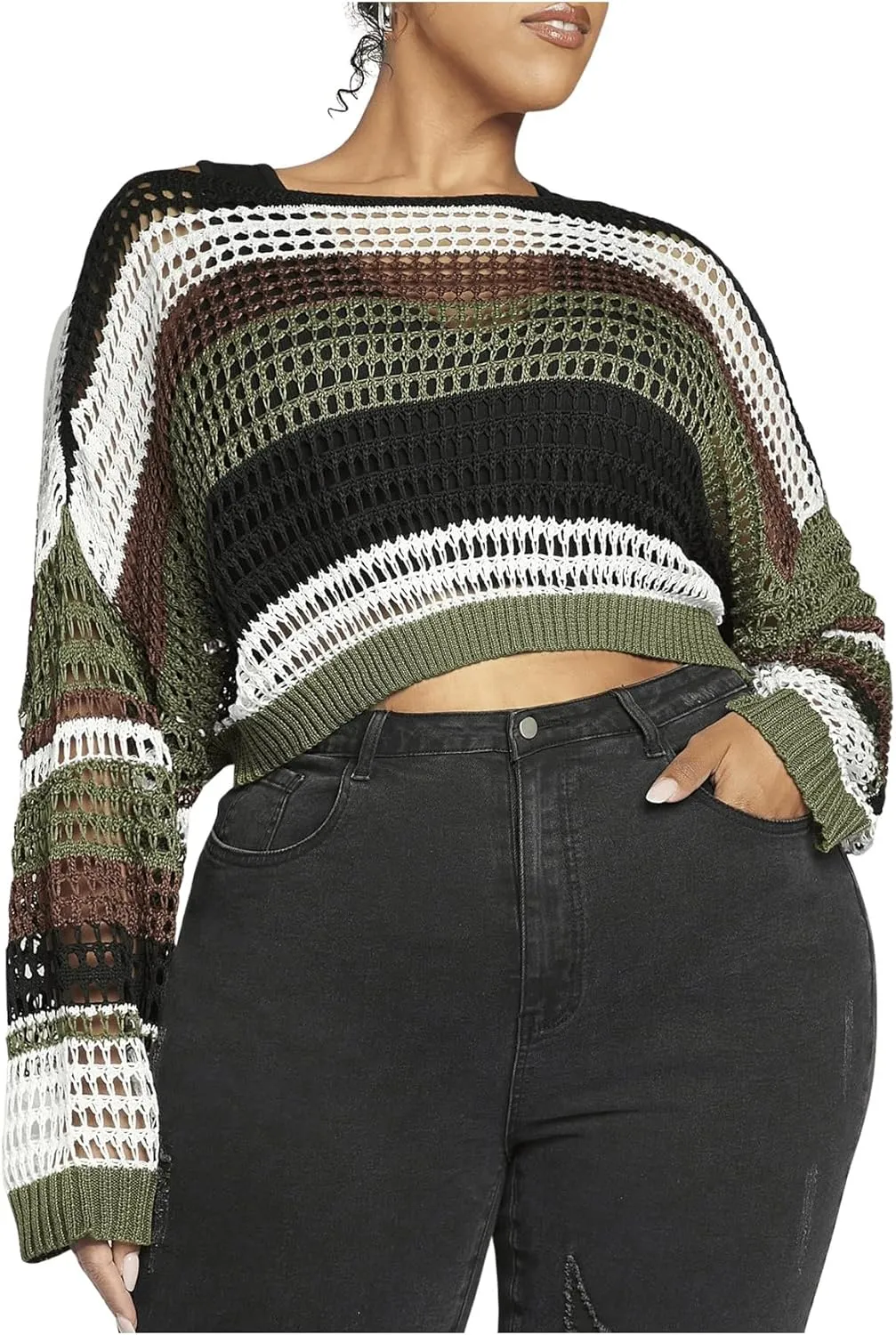 Women's Plus Size Color Block Striped Hollow Out Crop Sweater Long Sleeve Knit Pullover Tops